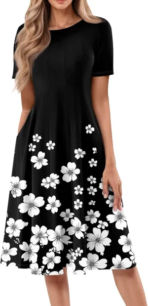 Summer Dresses for Women 2025 Smocked Summer Short Sleeve Midi Dresses for Women A Line