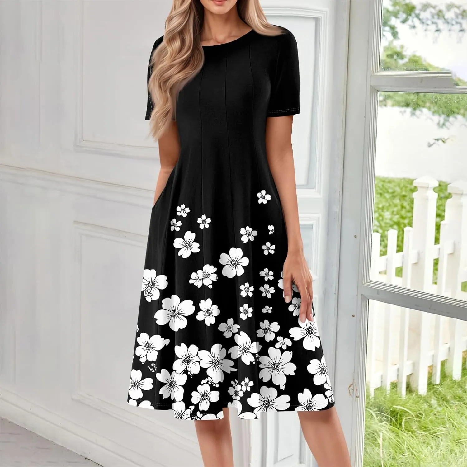 Summer Dresses for Women 2025 Smocked Summer Short Sleeve Midi Dresses for Women A Line