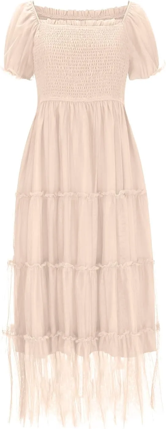 Summer Dresses for Women 2025 Square Neck Puff Sleeve Smocked Wedding Guest Maxi Dress Tiered Flowy Spring Fall Dress