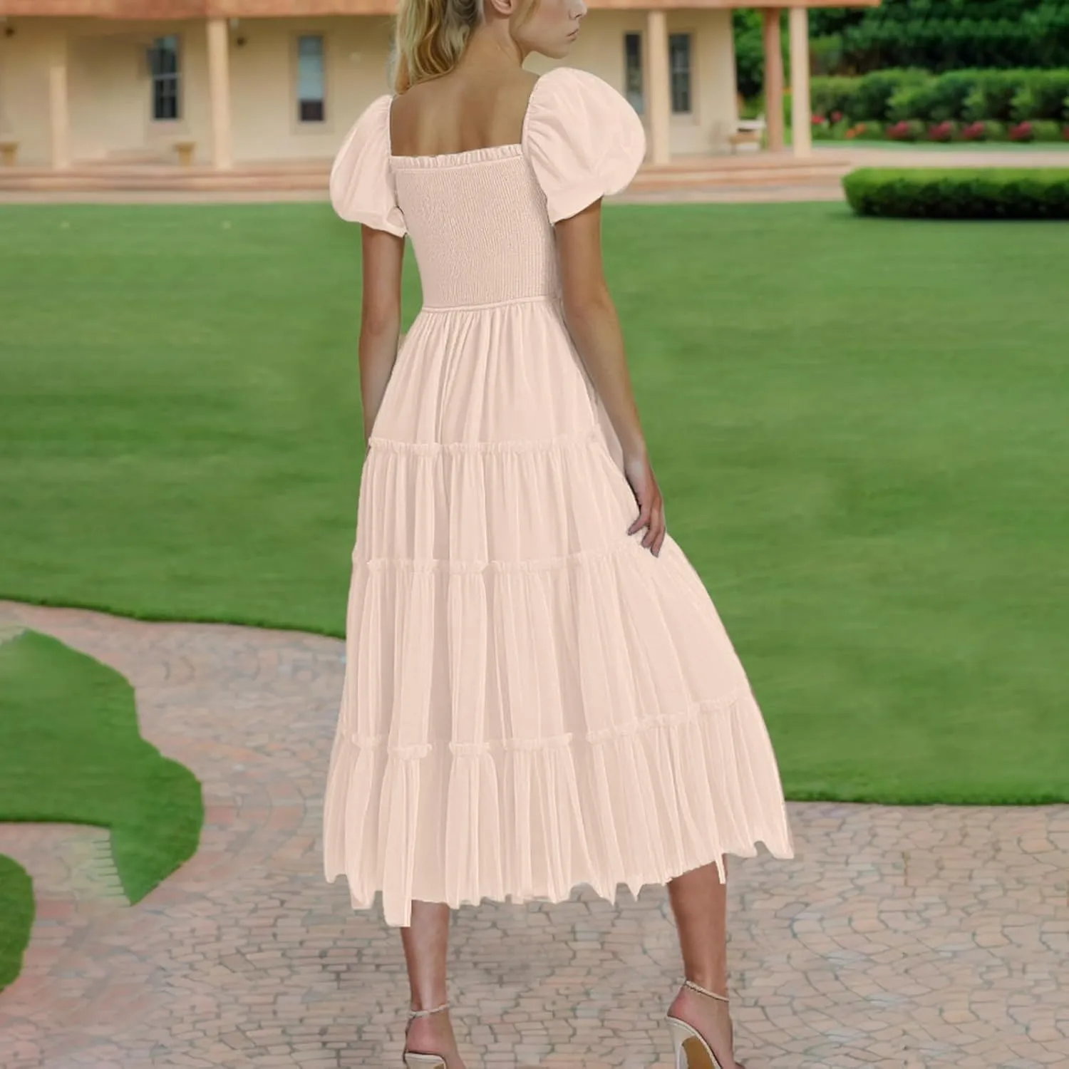 Summer Dresses for Women 2025 Square Neck Puff Sleeve Smocked Wedding Guest Maxi Dress Tiered Flowy Spring Fall Dress
