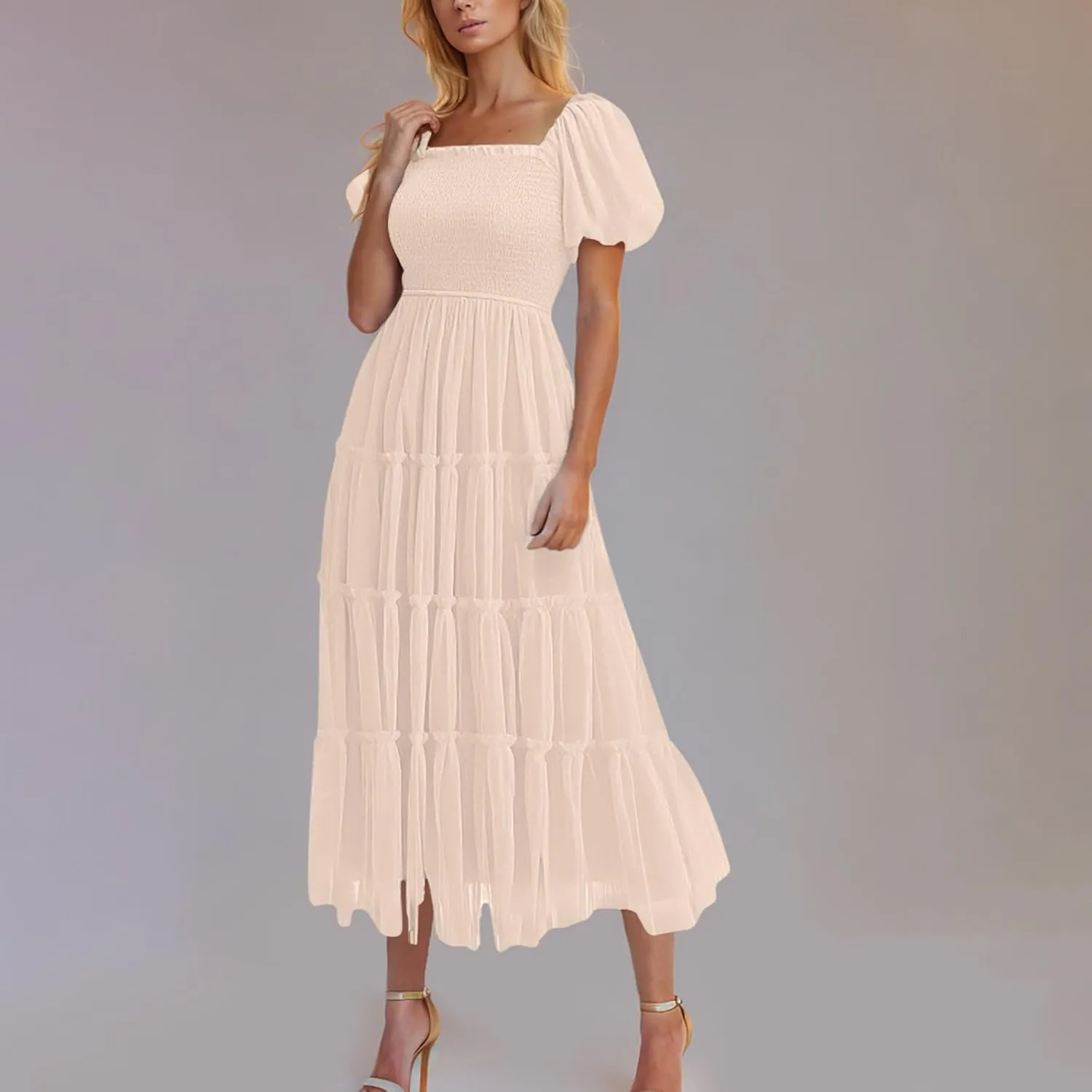 Summer Dresses for Women 2025 Square Neck Puff Sleeve Smocked Wedding Guest Maxi Dress Tiered Flowy Spring Fall Dress
