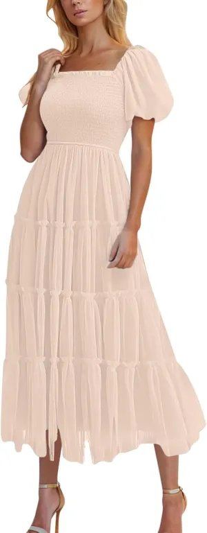 Summer Dresses for Women 2025 Square Neck Puff Sleeve Smocked Wedding Guest Maxi Dress Tiered Flowy Spring Fall Dress