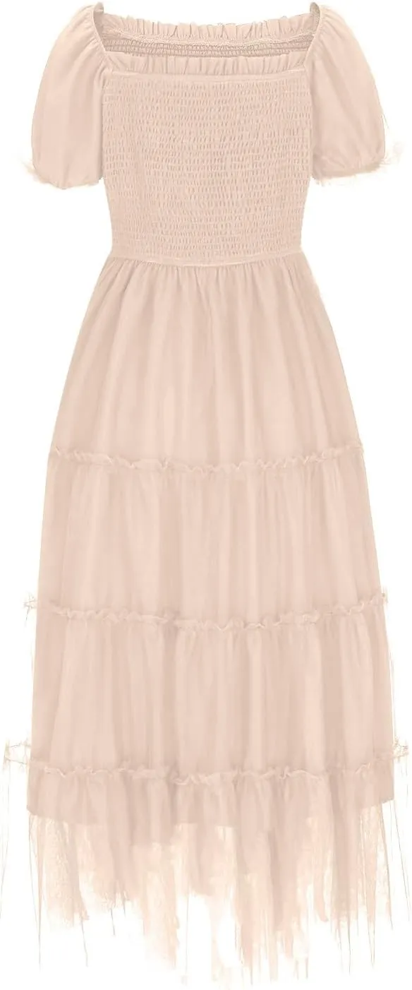 Summer Dresses for Women 2025 Square Neck Puff Sleeve Smocked Wedding Guest Maxi Dress Tiered Flowy Spring Fall Dress