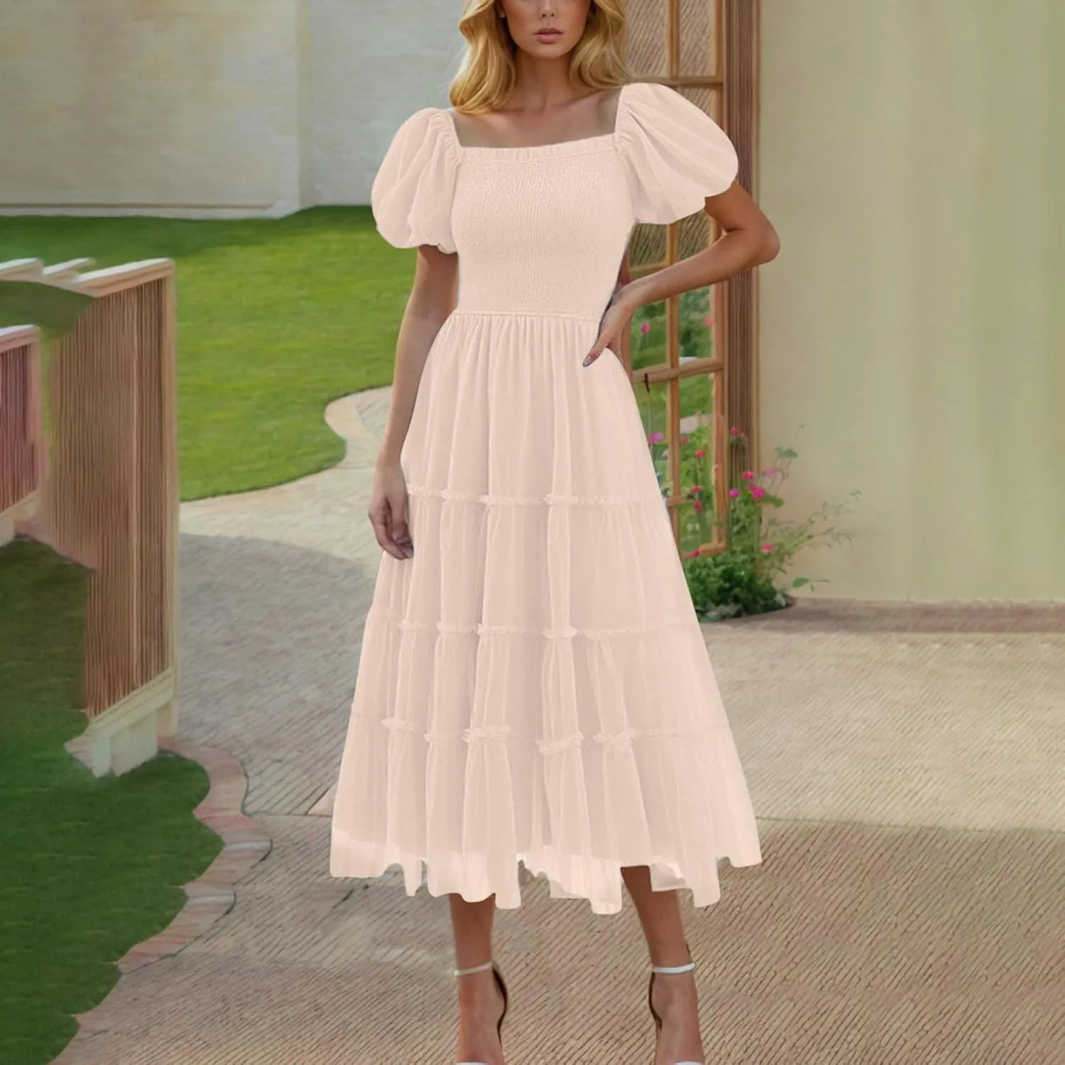Summer Dresses for Women 2025 Square Neck Puff Sleeve Smocked Wedding Guest Maxi Dress Tiered Flowy Spring Fall Dress