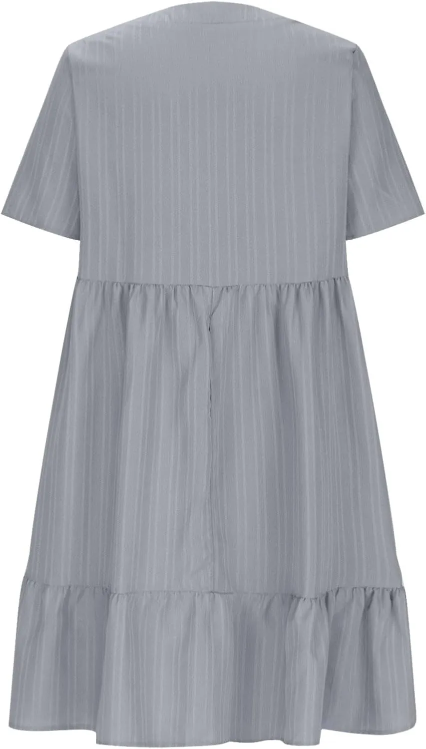 Summer Dresses for Women 2025 Vacation Short Sleeve v Neck Mini T Shirt Dress Pleated Ruffle Flowy Beach Sundresses