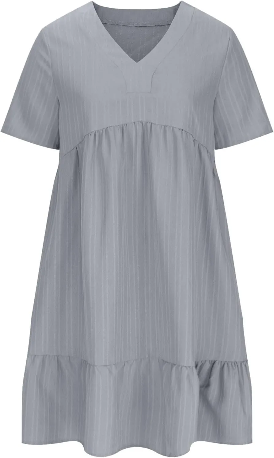 Summer Dresses for Women 2025 Vacation Short Sleeve v Neck Mini T Shirt Dress Pleated Ruffle Flowy Beach Sundresses