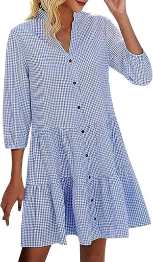 Summer Dresses for Women Casual 3/4 Sleeve Fashion Solid Plaid Shirt Dress Loose V-Neck Button Pleated Sundress