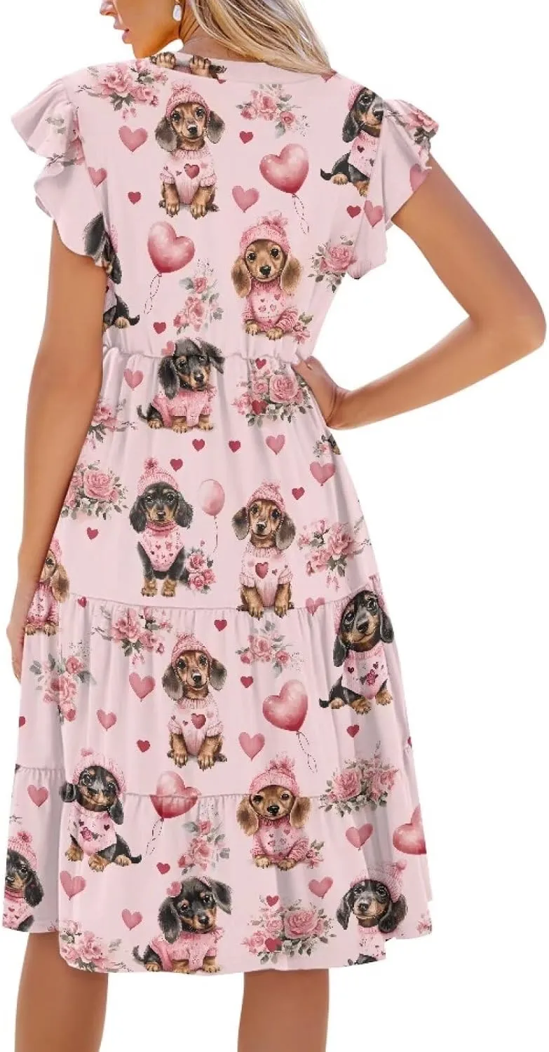 Summer Dresses for Women Casual Midi Tiered Sun Dress V Neck Ruffle Sleeve Vacation Dress with Pocket S-2XL