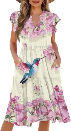 Summer Dresses for Women Casual Midi Tiered Sun Dress V Neck Ruffle Sleeve Vacation Dress with Pocket S-2XL