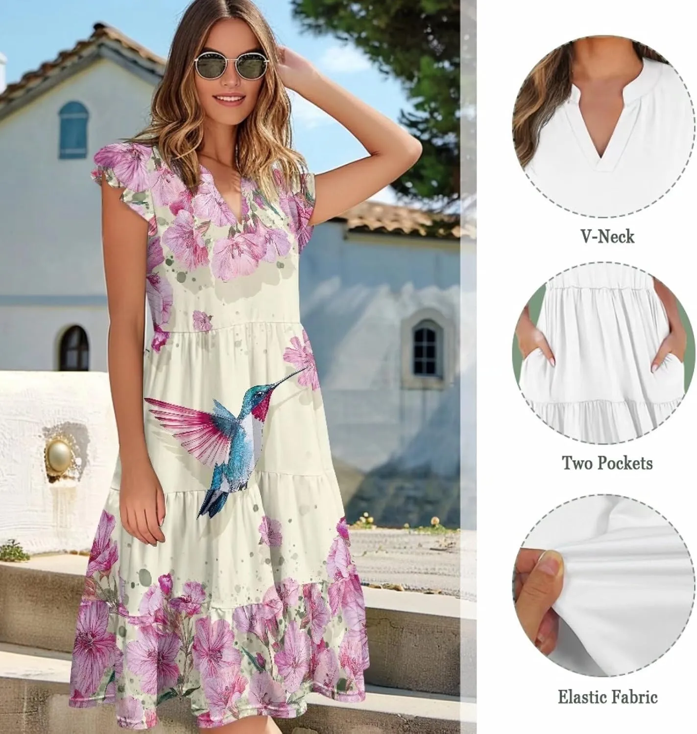 Summer Dresses for Women Casual Midi Tiered Sun Dress V Neck Ruffle Sleeve Vacation Dress with Pocket S-2XL