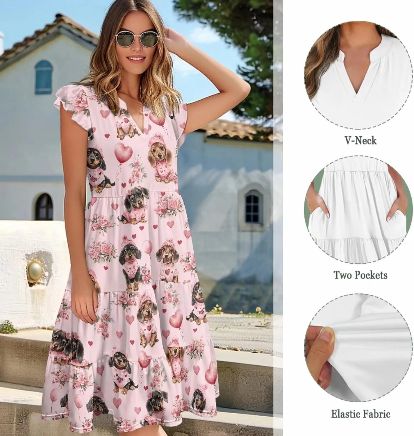 Summer Dresses for Women Casual Midi Tiered Sun Dress V Neck Ruffle Sleeve Vacation Dress with Pocket S-2XL