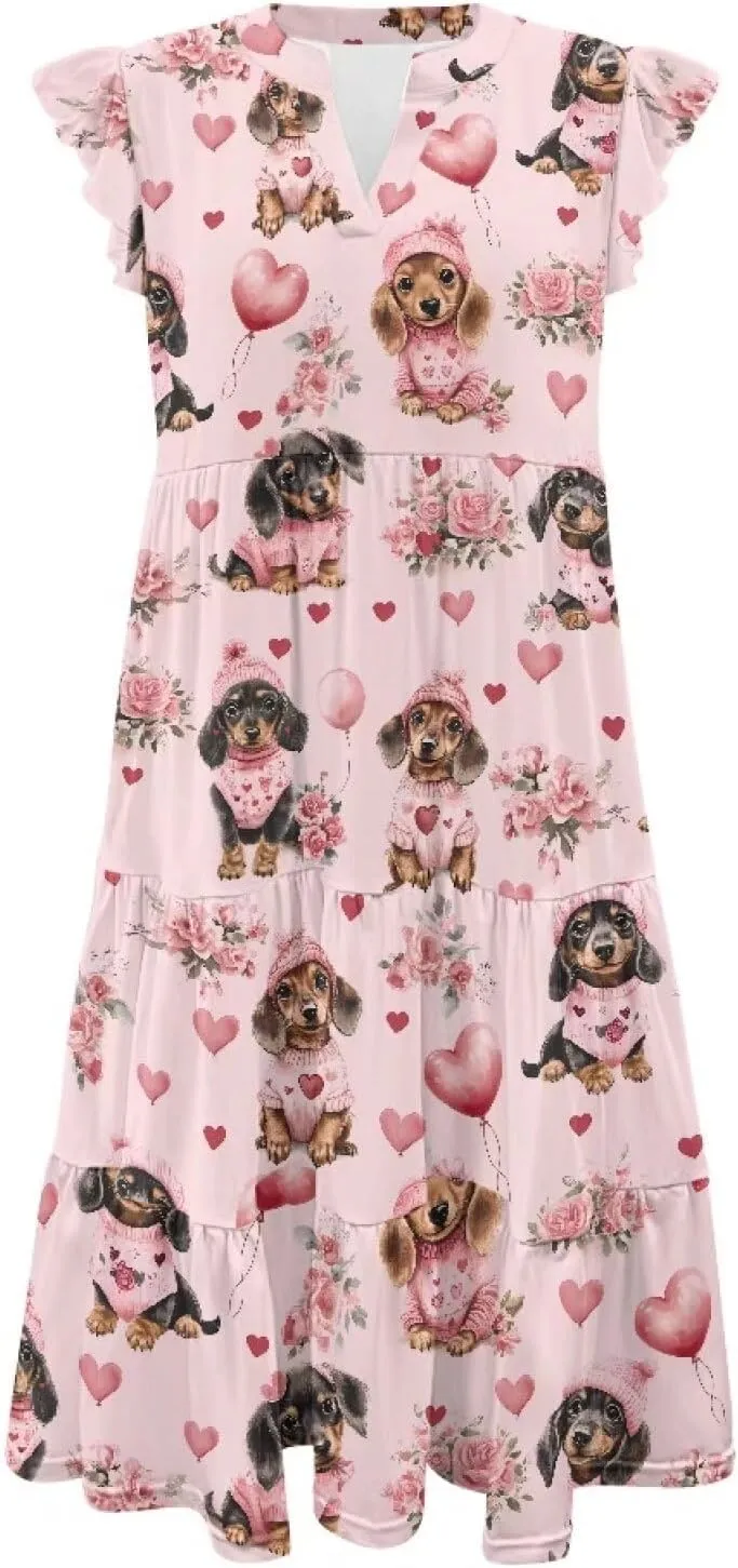 Summer Dresses for Women Casual Midi Tiered Sun Dress V Neck Ruffle Sleeve Vacation Dress with Pocket S-2XL