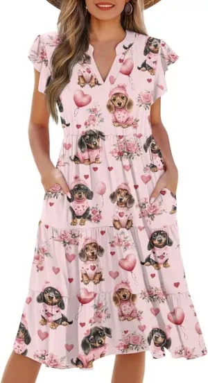 Summer Dresses for Women Casual Midi Tiered Sun Dress V Neck Ruffle Sleeve Vacation Dress with Pocket S-2XL