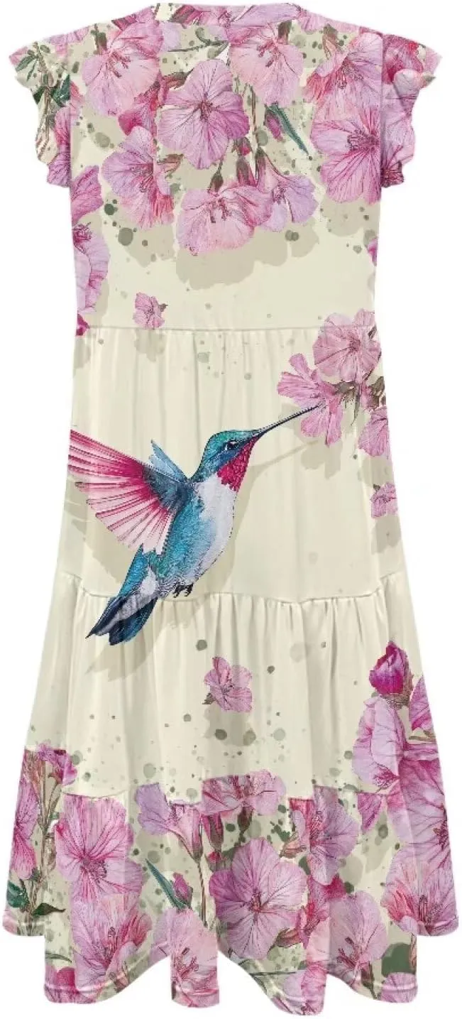 Summer Dresses for Women Casual Midi Tiered Sun Dress V Neck Ruffle Sleeve Vacation Dress with Pocket S-2XL