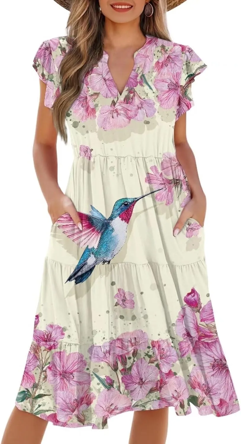 Summer Dresses for Women Casual Midi Tiered Sun Dress V Neck Ruffle Sleeve Vacation Dress with Pocket S-2XL