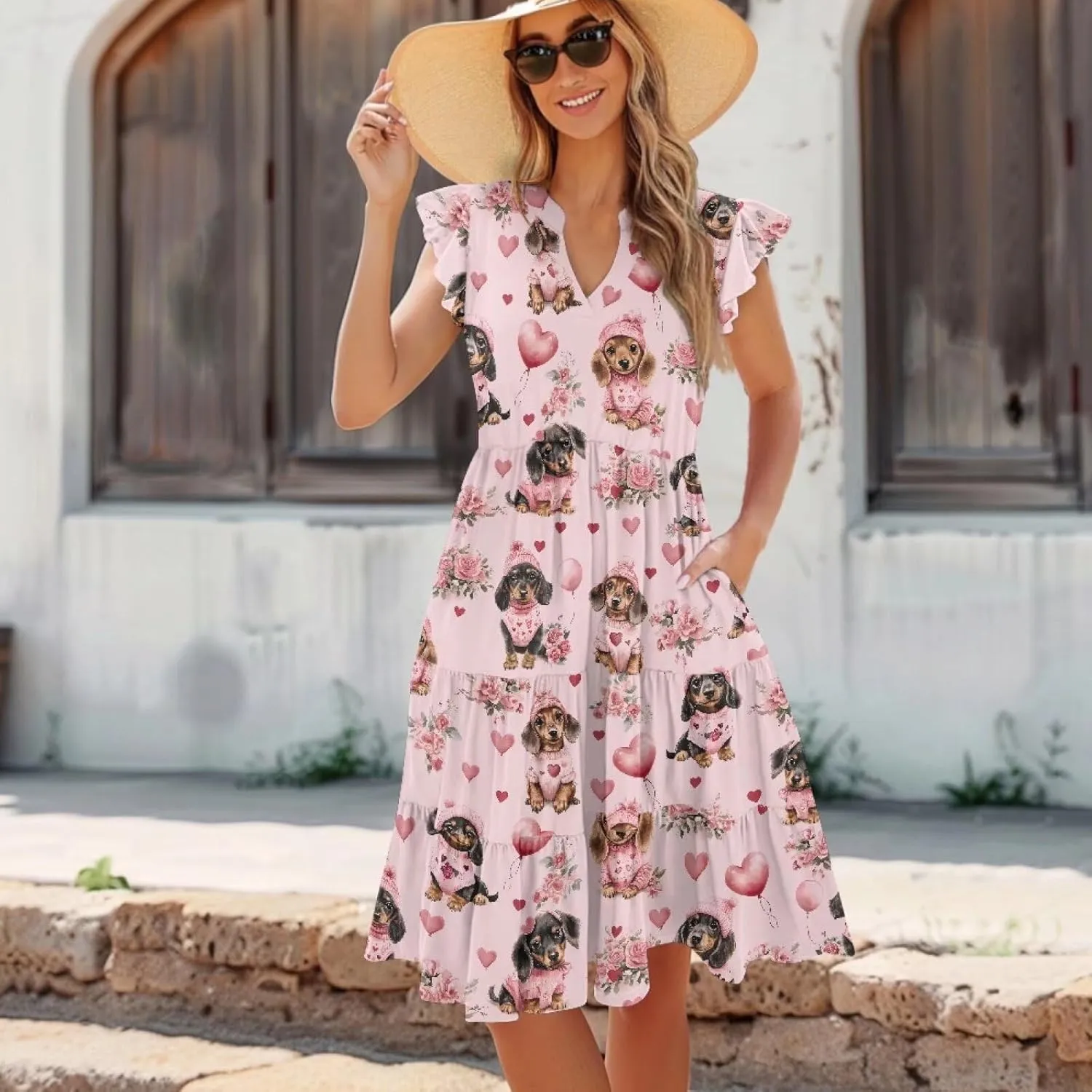 Summer Dresses for Women Casual Midi Tiered Sun Dress V Neck Ruffle Sleeve Vacation Dress with Pocket S-2XL