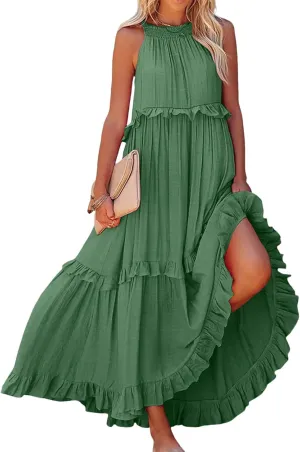 Summer Dresses for Women Casual Sleeveless Halter Tiered Beach Sundresses Flowy Swing Maxi Long Dresses