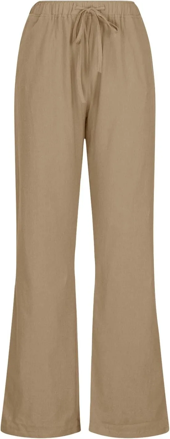 Summer Linen Pants for Women Trendy 2024 High Waist Wide Leg Lounge Trousers Beach Vacation Flowy Pants with Pockets