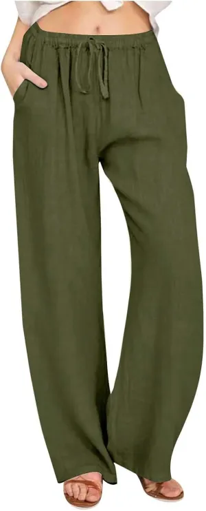 Summer Linen Pants for Women Trendy 2024 High Waist Wide Leg Lounge Trousers Beach Vacation Flowy Pants with Pockets