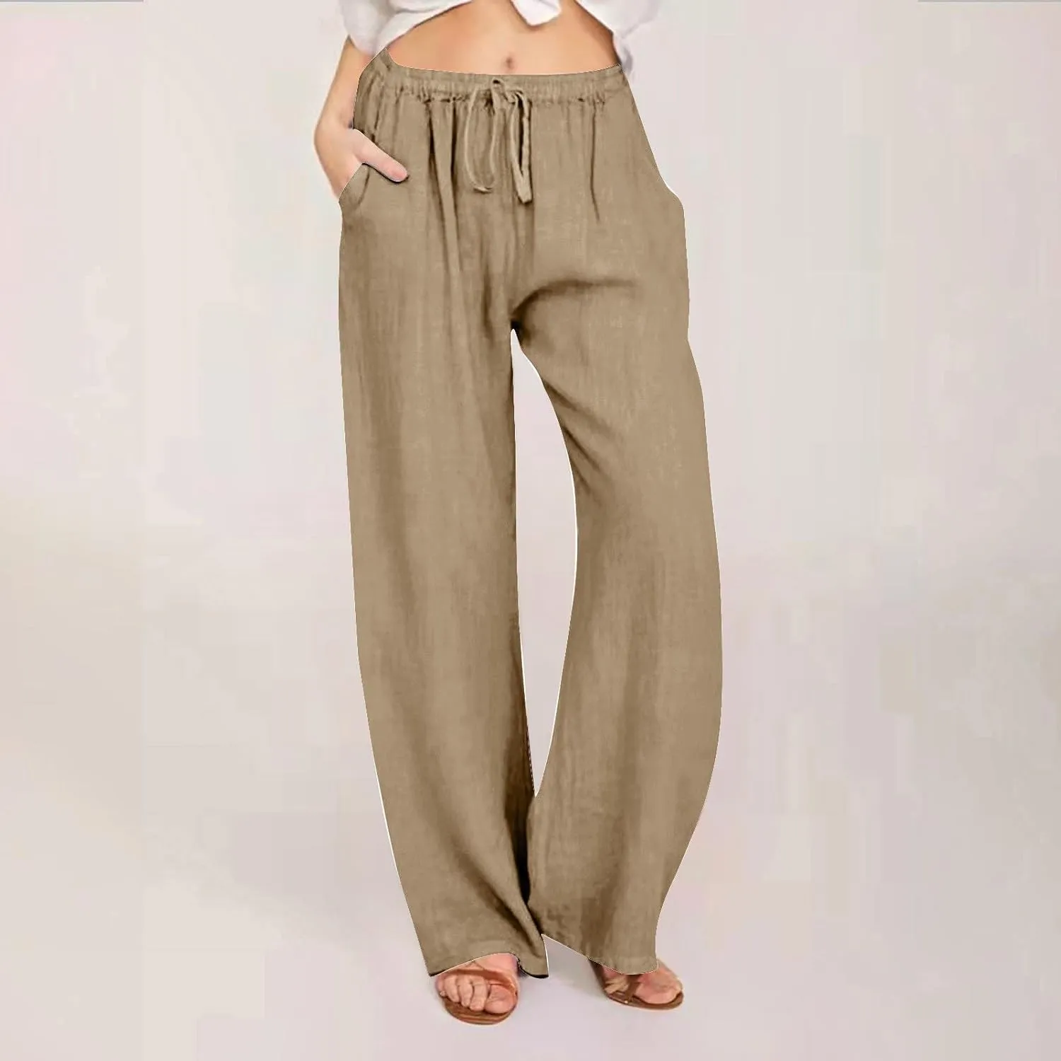 Summer Linen Pants for Women Trendy 2024 High Waist Wide Leg Lounge Trousers Beach Vacation Flowy Pants with Pockets