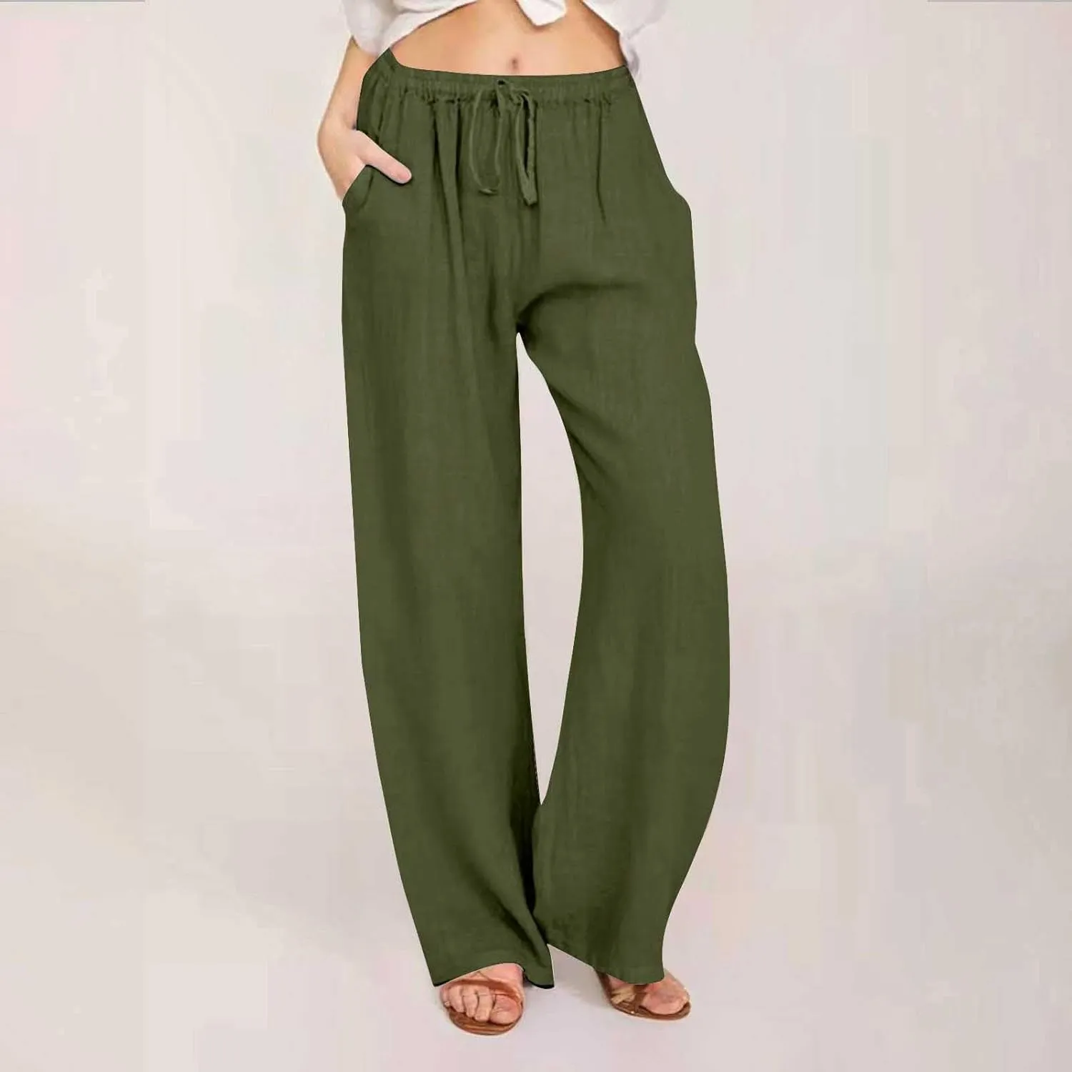 Summer Linen Pants for Women Trendy 2024 High Waist Wide Leg Lounge Trousers Beach Vacation Flowy Pants with Pockets