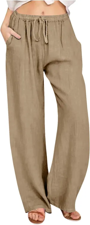 Summer Linen Pants for Women Trendy 2024 High Waist Wide Leg Lounge Trousers Beach Vacation Flowy Pants with Pockets