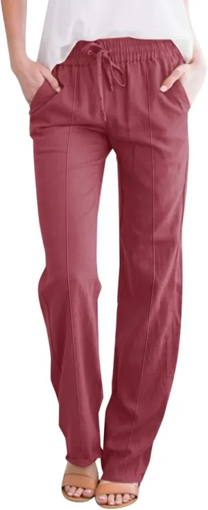Summer Pants for Women 2025 Vacation Plus Size High Waist Drawstring Straight Leg Trousers Beach Pants with Pockets