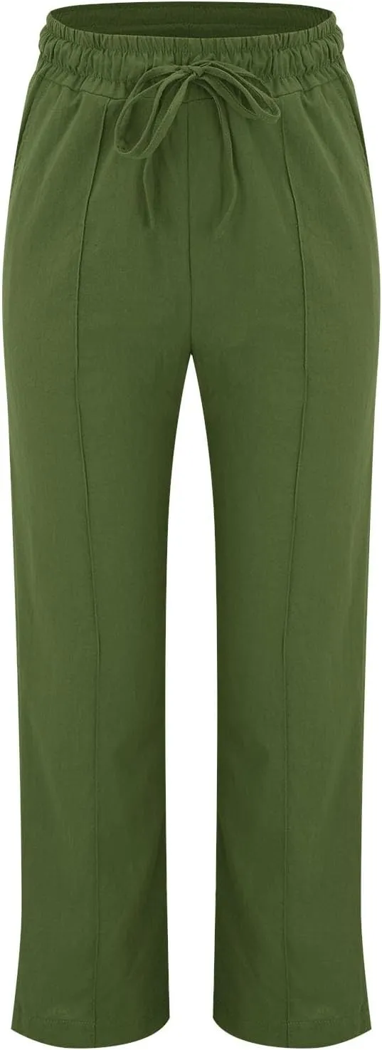 Summer Pants for Women 2025 Vacation Plus Size High Waist Drawstring Straight Leg Trousers Beach Pants with Pockets