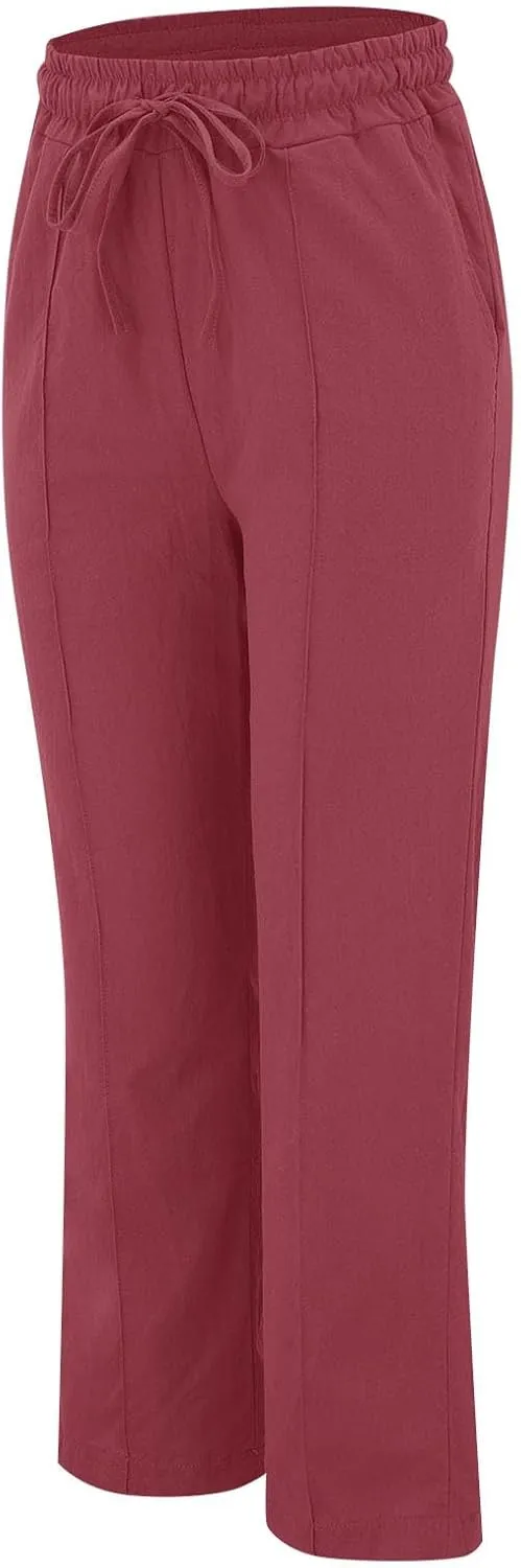 Summer Pants for Women 2025 Vacation Plus Size High Waist Drawstring Straight Leg Trousers Beach Pants with Pockets
