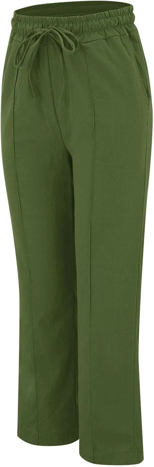 Summer Pants for Women 2025 Vacation Plus Size High Waist Drawstring Straight Leg Trousers Beach Pants with Pockets