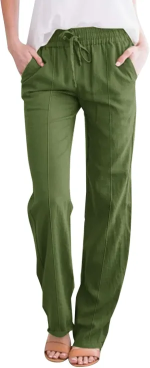 Summer Pants for Women 2025 Vacation Plus Size High Waist Drawstring Straight Leg Trousers Beach Pants with Pockets