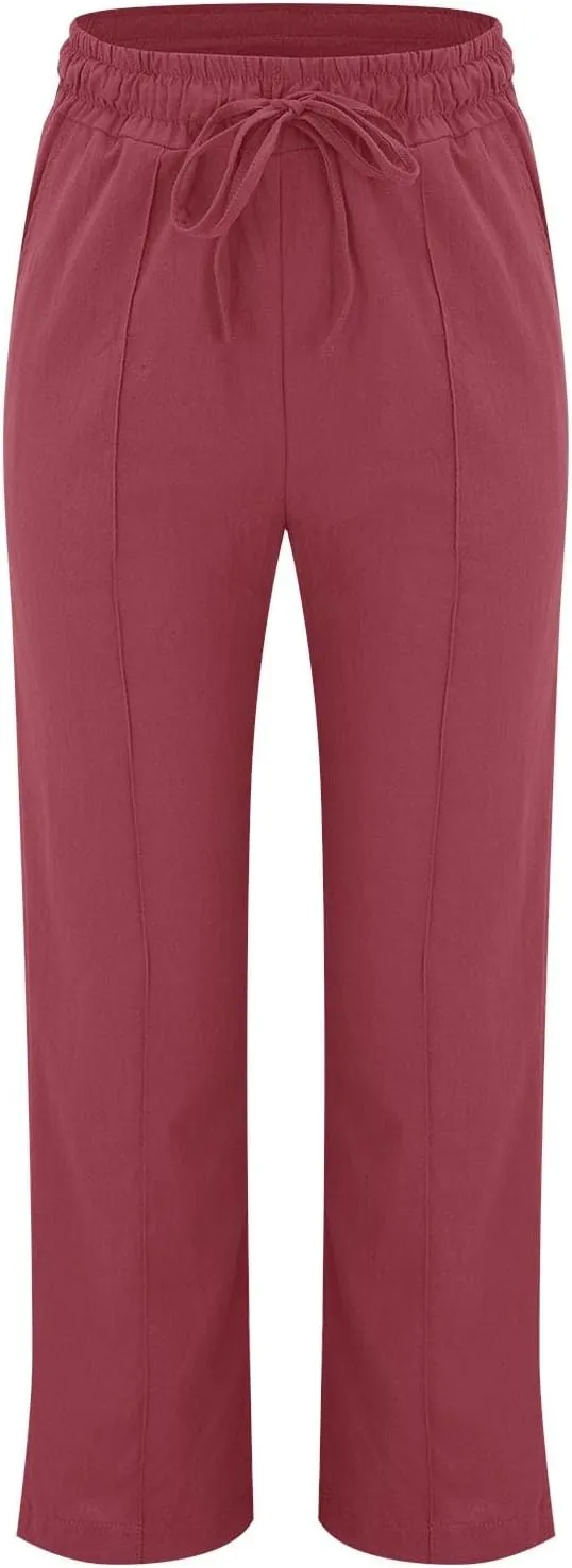 Summer Pants for Women 2025 Vacation Plus Size High Waist Drawstring Straight Leg Trousers Beach Pants with Pockets