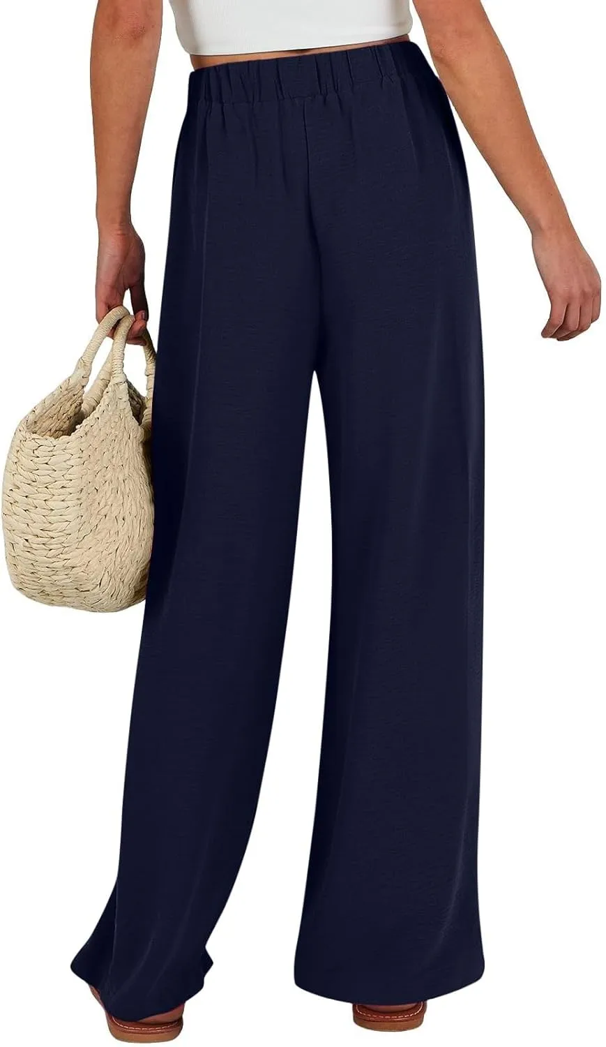 Summer Wide Leg Linen Pants for Women with Pockets High Waisted Tie Knot Beach Palazzo Pants Casual Lounge Trousers