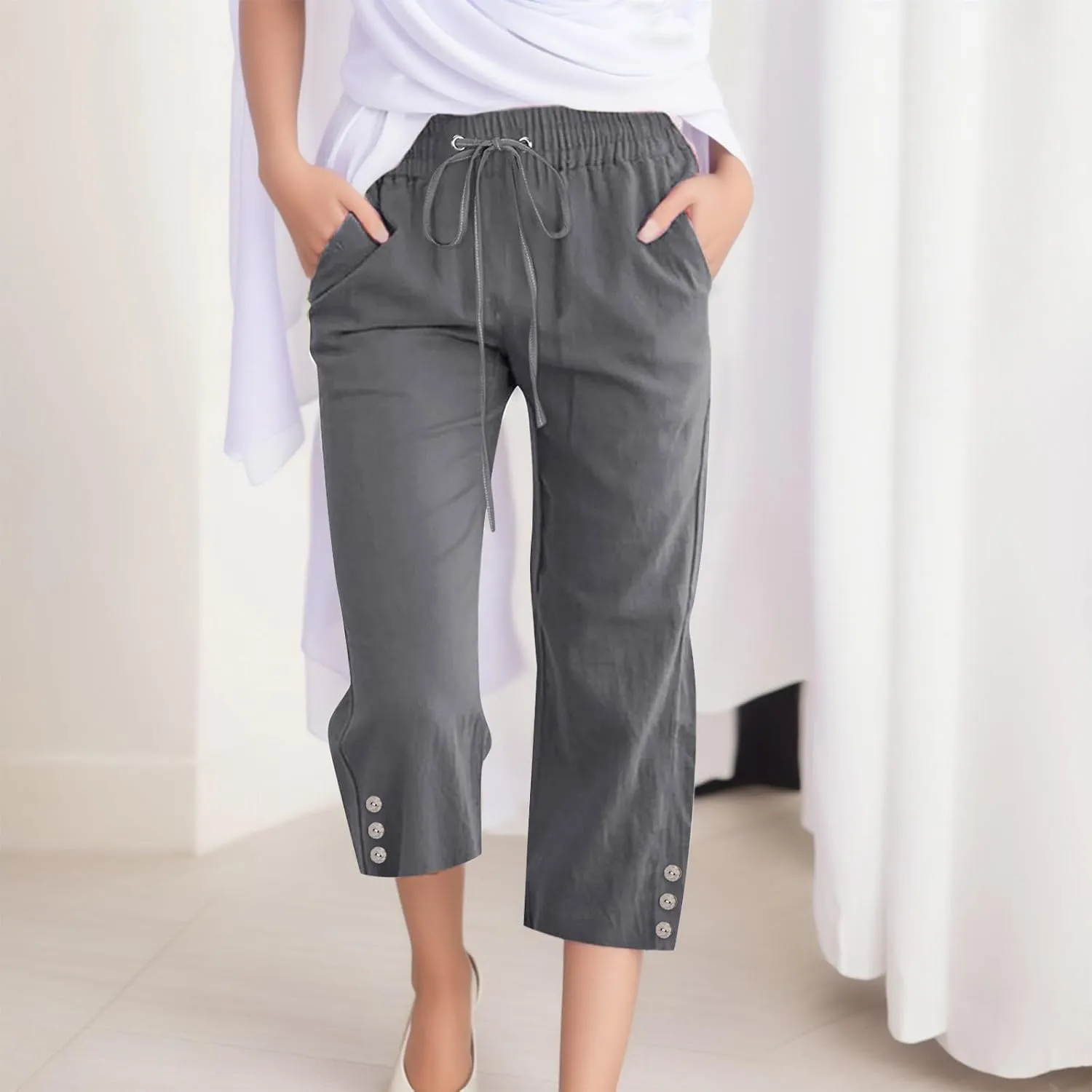 Sunward Capri Linen Pants for Women Wide Leg Casual Cotton Pant Loose Drawstrings High Waist Lounge Trousers with Pocket