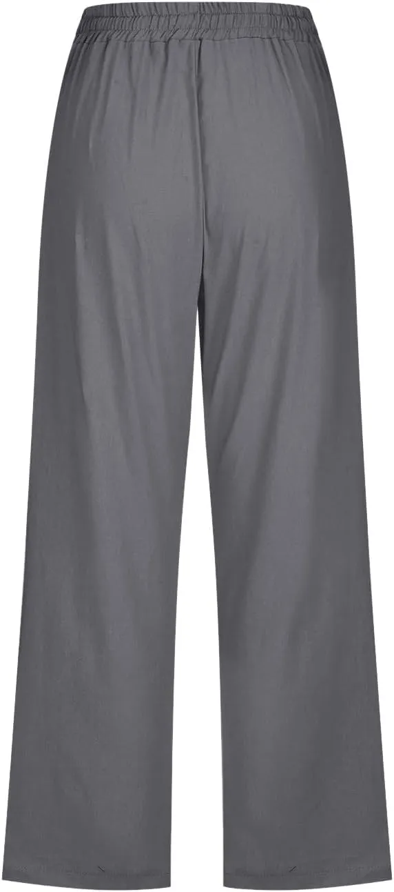 Sunward Capri Linen Pants for Women Wide Leg Casual Cotton Pant Loose Drawstrings High Waist Lounge Trousers with Pocket