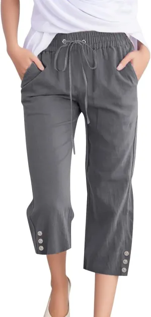 Sunward Capri Linen Pants for Women Wide Leg Casual Cotton Pant Loose Drawstrings High Waist Lounge Trousers with Pocket