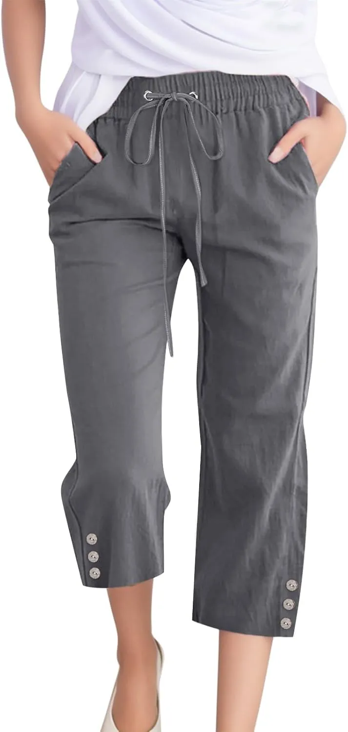 Sunward Capri Linen Pants for Women Wide Leg Casual Cotton Pant Loose Drawstrings High Waist Lounge Trousers with Pocket