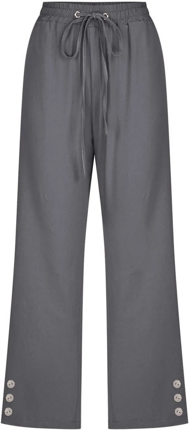 Sunward Capri Linen Pants for Women Wide Leg Casual Cotton Pant Loose Drawstrings High Waist Lounge Trousers with Pocket