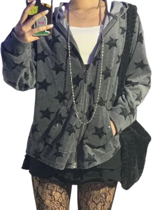 Sunwittafy Women Aesthetic Star Graphic Hoodie Y2k Zip Up Long Sleeve Oversized Sweatshirt Goth Jacket Vintage Streetwear