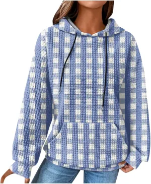 Sweatshirt for Womens Fashion Waffle Long Sleeve Striped Hoodies Casual Loose Lightweight Drawstring Pullover Shirts