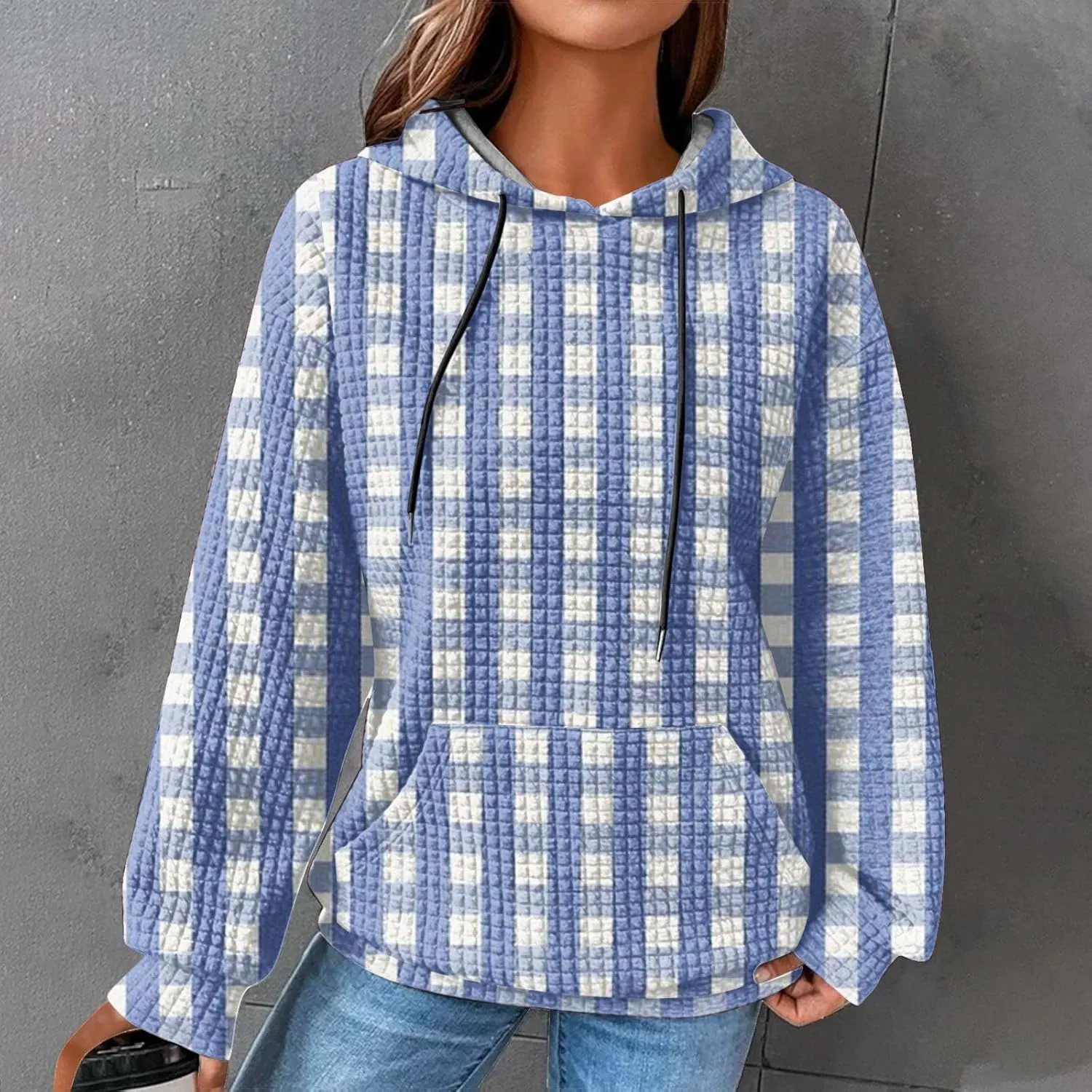 Sweatshirt for Womens Fashion Waffle Long Sleeve Striped Hoodies Casual Loose Lightweight Drawstring Pullover Shirts