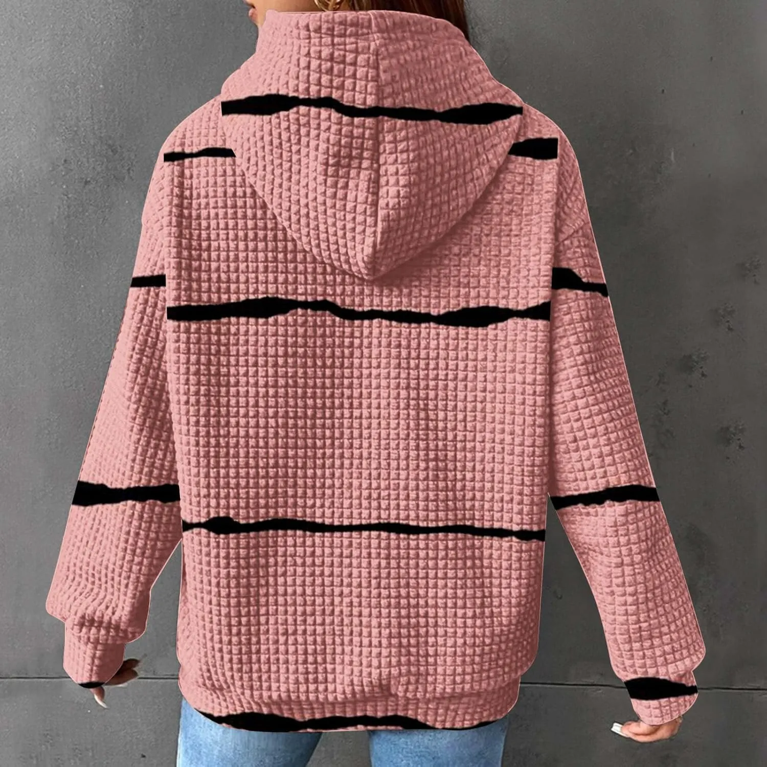 Sweatshirt for Womens Fashion Waffle Long Sleeve Striped Hoodies Casual Loose Lightweight Drawstring Pullover Shirts