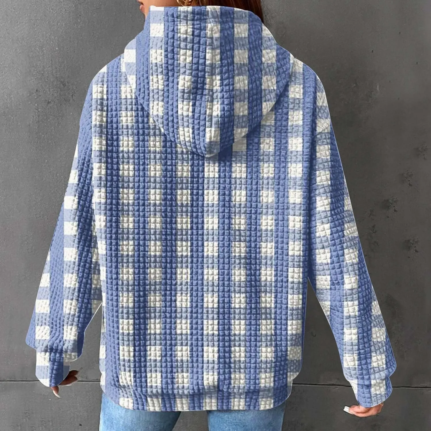 Sweatshirt for Womens Fashion Waffle Long Sleeve Striped Hoodies Casual Loose Lightweight Drawstring Pullover Shirts