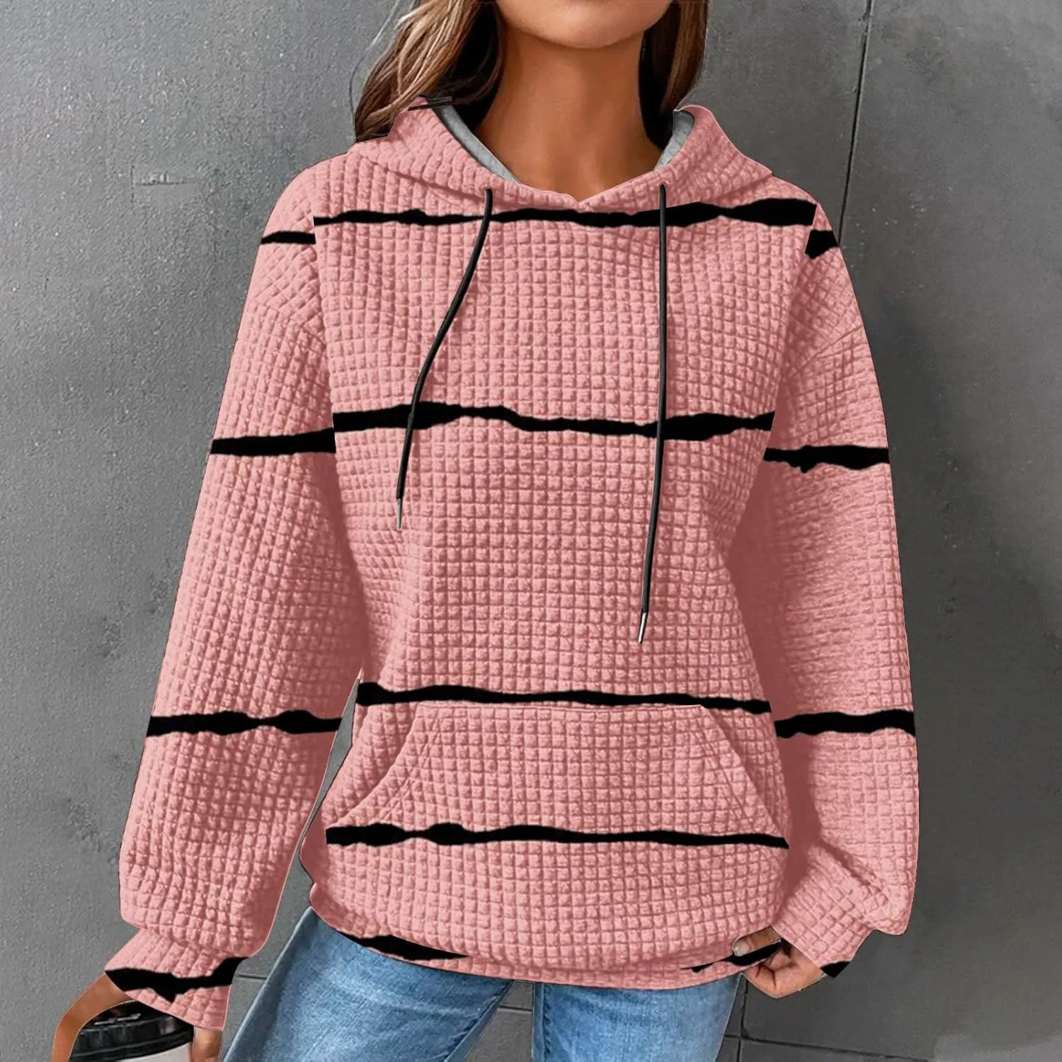 Sweatshirt for Womens Fashion Waffle Long Sleeve Striped Hoodies Casual Loose Lightweight Drawstring Pullover Shirts