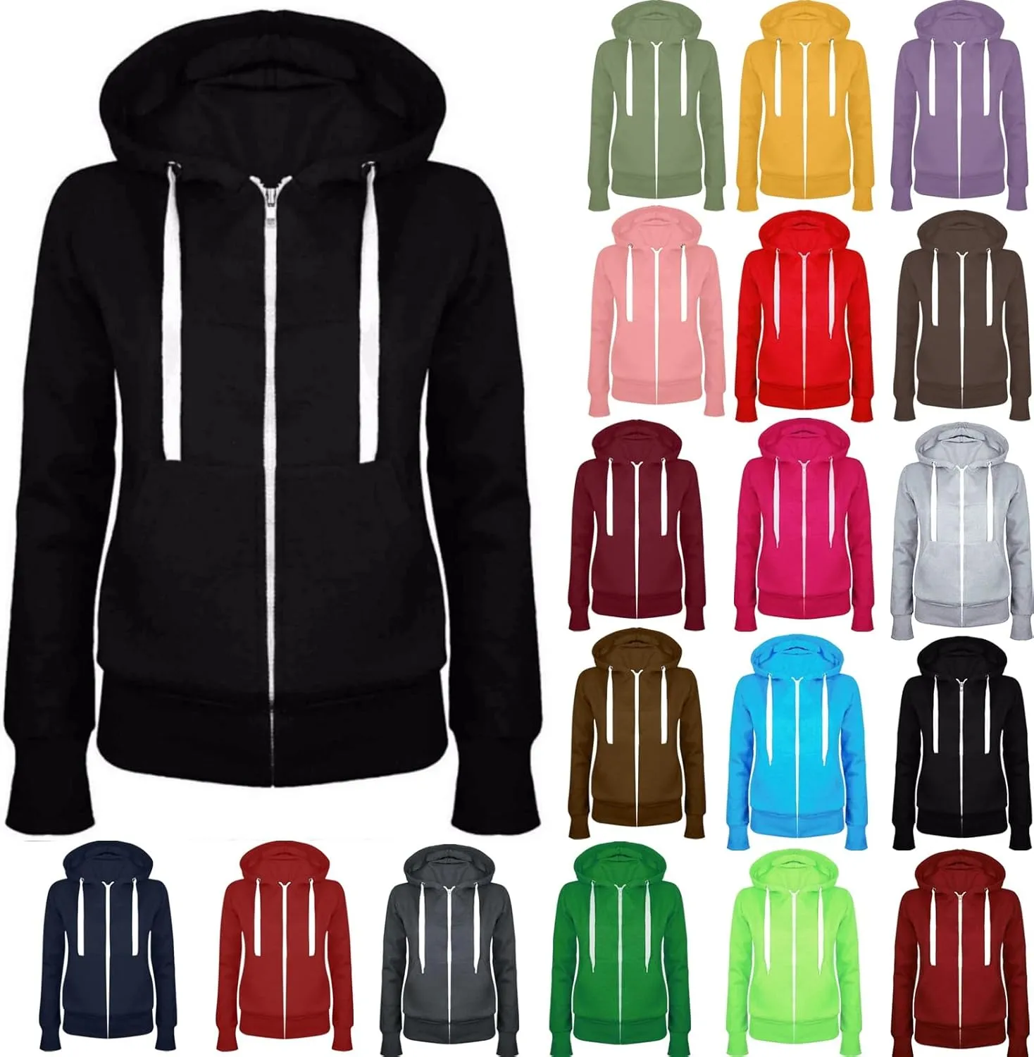 Sweatshirts for Women Lightweight Drawstring Long Sleeve Full-Zip Hooded Sweatshirt Casual Dressy Solid Sweater Coat