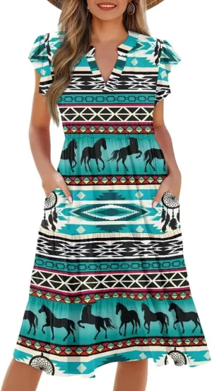 Swing Dress for Women Plus Size Summer Casual Loose V Neck Ruffle Cap Short Sleeve Tiered Midi Dress with Pockets