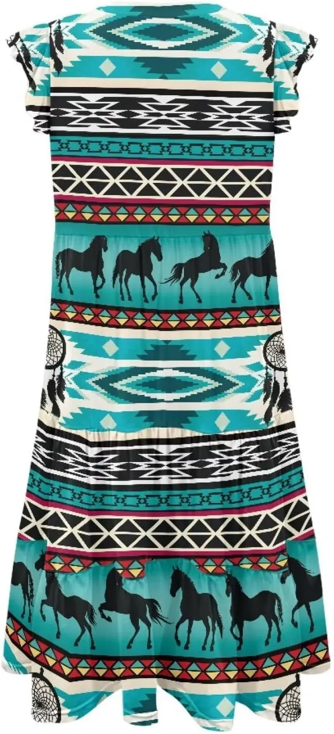 Swing Dress for Women Plus Size Summer Casual Loose V Neck Ruffle Cap Short Sleeve Tiered Midi Dress with Pockets