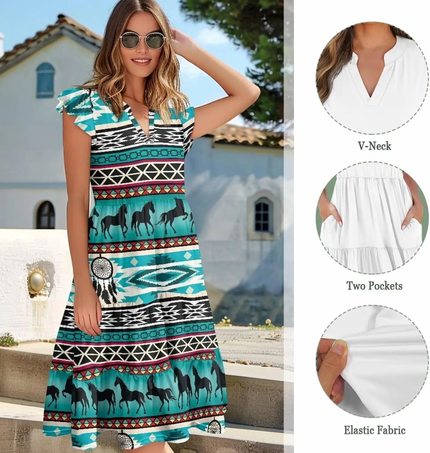 Swing Dress for Women Plus Size Summer Casual Loose V Neck Ruffle Cap Short Sleeve Tiered Midi Dress with Pockets