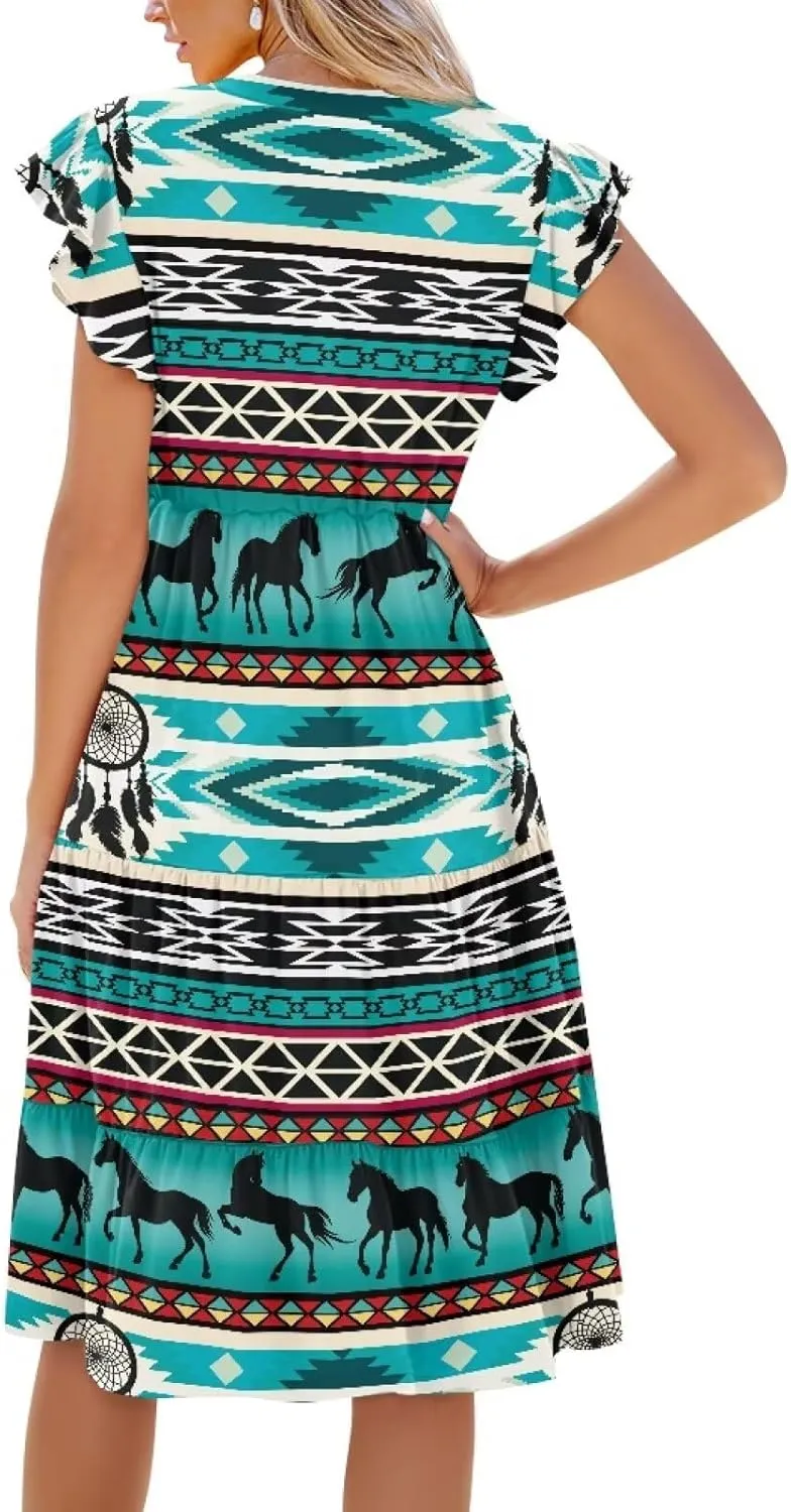 Swing Dress for Women Plus Size Summer Casual Loose V Neck Ruffle Cap Short Sleeve Tiered Midi Dress with Pockets