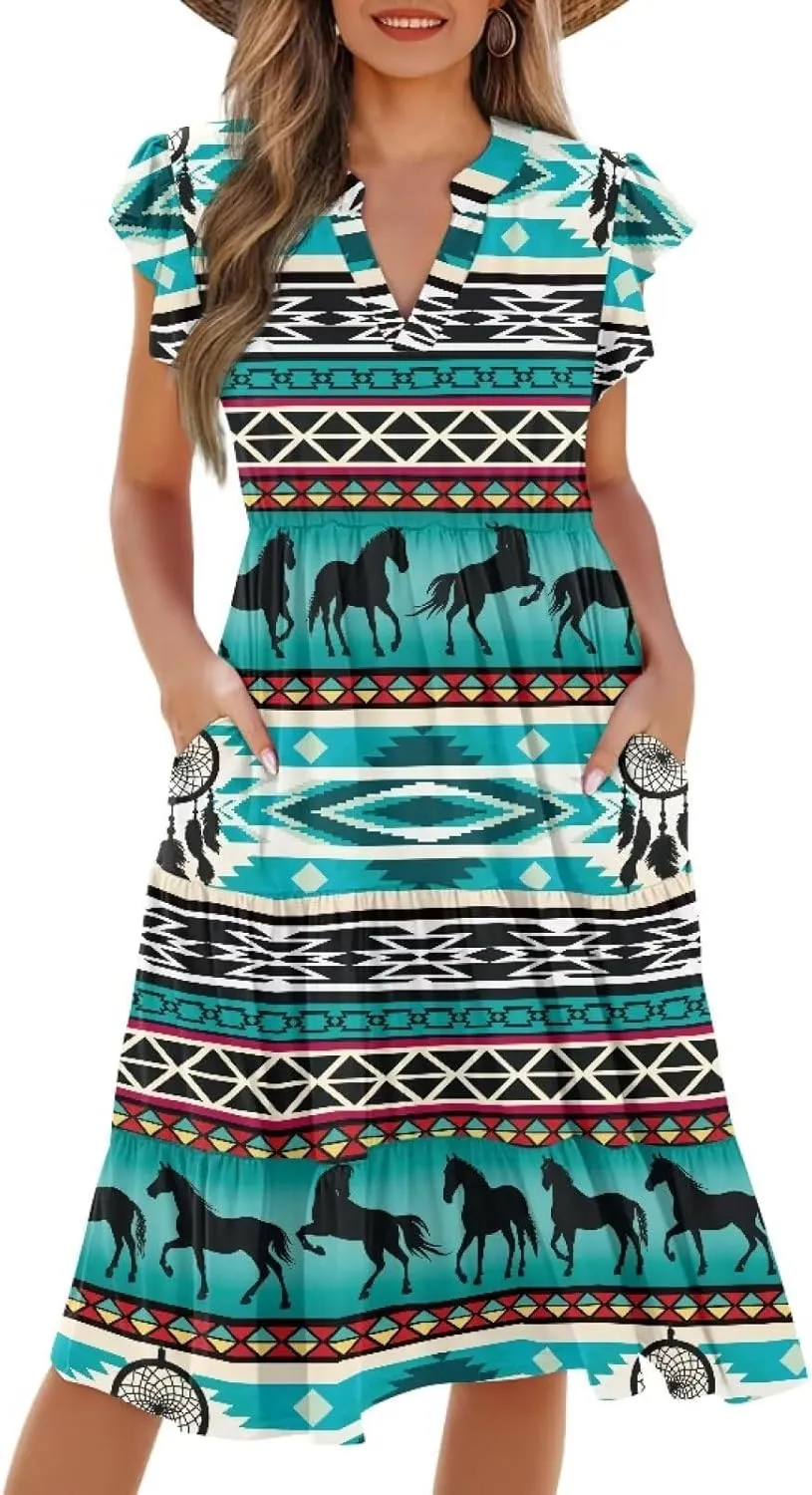Swing Dress for Women Plus Size Summer Casual Loose V Neck Ruffle Cap Short Sleeve Tiered Midi Dress with Pockets